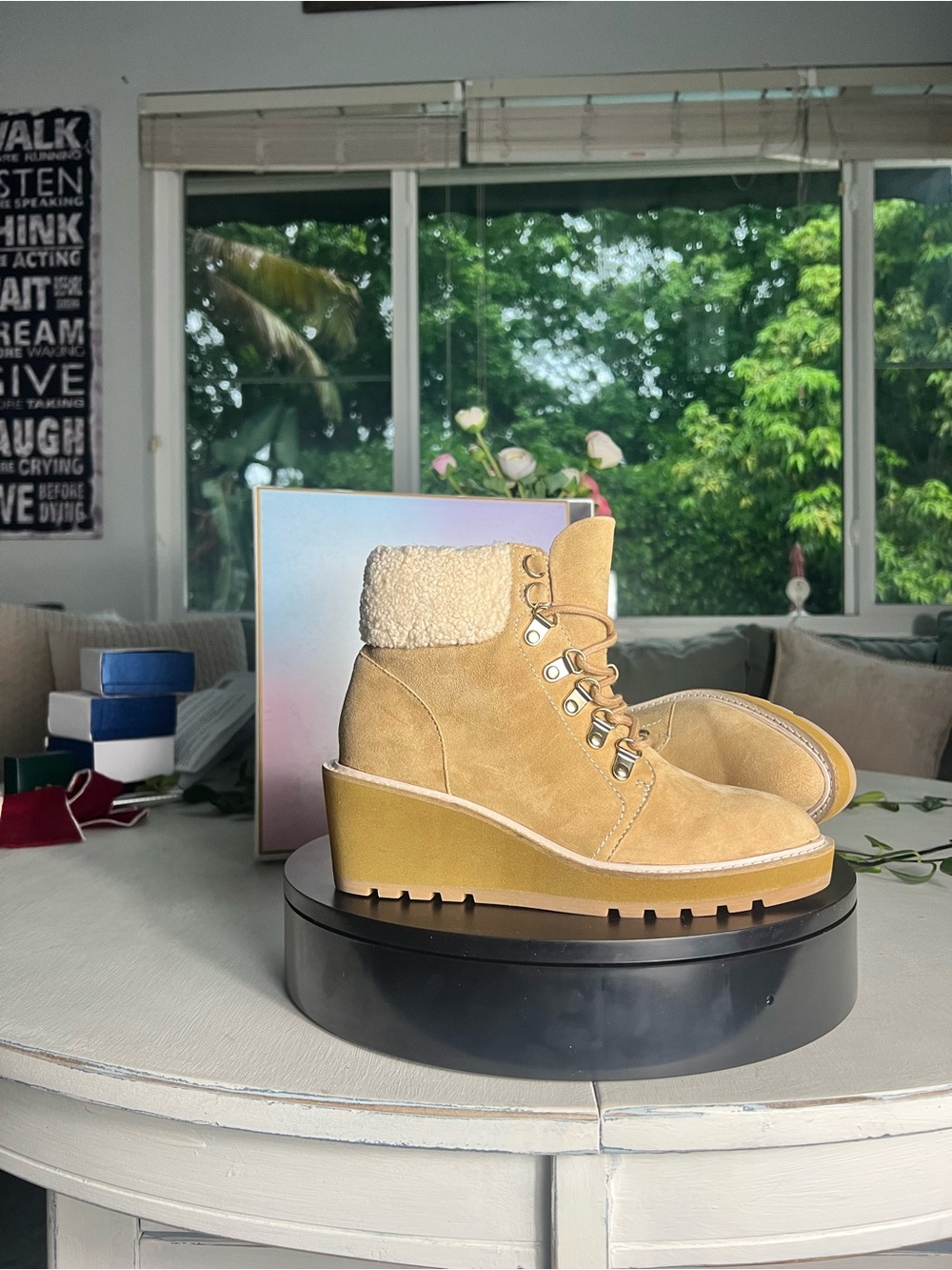 CECELIA NEW YORK Tan Wedge Lace-Up Ankle Boots with Shearling Collar